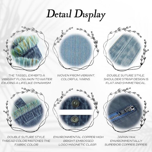 Brand New with Tag - Forest-Inspired Green Fringe Boho Denim Tote Bag - Picture 6 of 8